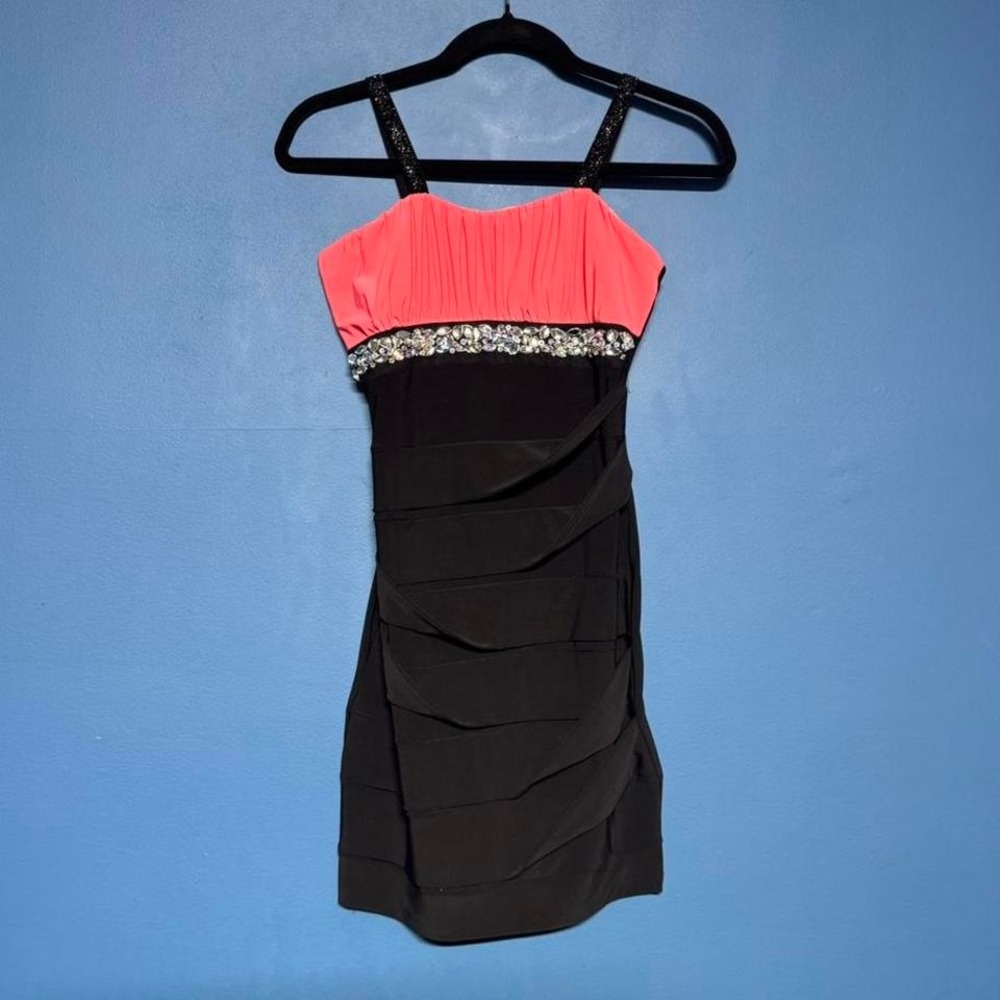 Y2K Deb Mini‎ Dress Women's Size Small Black Orange Empire Waist Bodycon Beaded